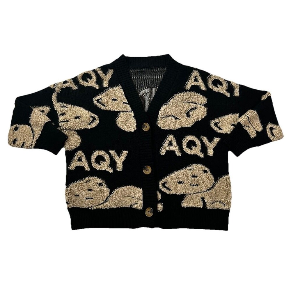 AQY Bear Sweater Cardigan Womens L XL Black Long Sleeve Chunky Harajuku Y2K